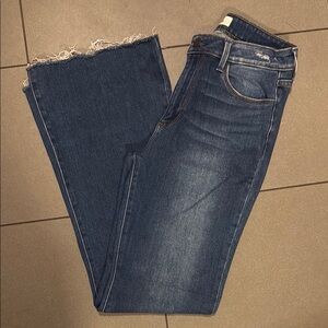 Flared Frayed Hem Jeans - Dark Wash